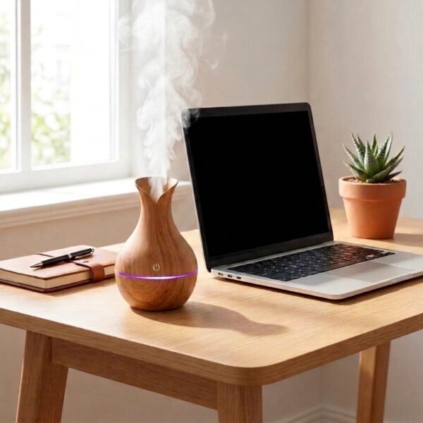 essential-oil-diffuser-home-office-desk Essential oil diffuser on a home office desk next to a laptop