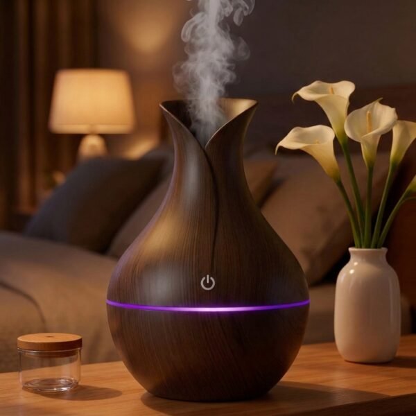 essential-oil-diffuser-nightstand-night-light Essential oil diffuser with mist on a nightstand at night