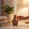 Essential oil diffuser releasing mist on a nightstand for relaxation