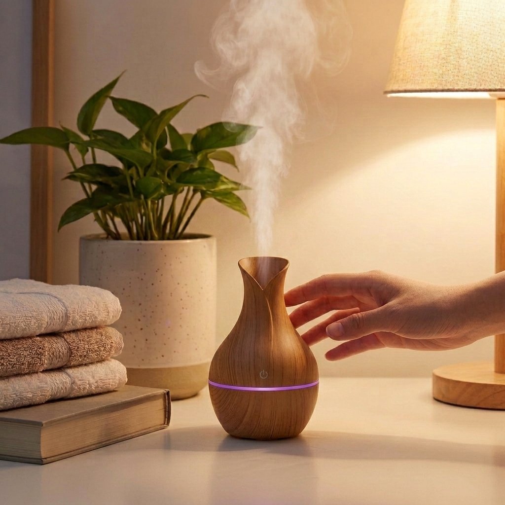 Essential oil diffuser releasing mist on a nightstand for relaxation