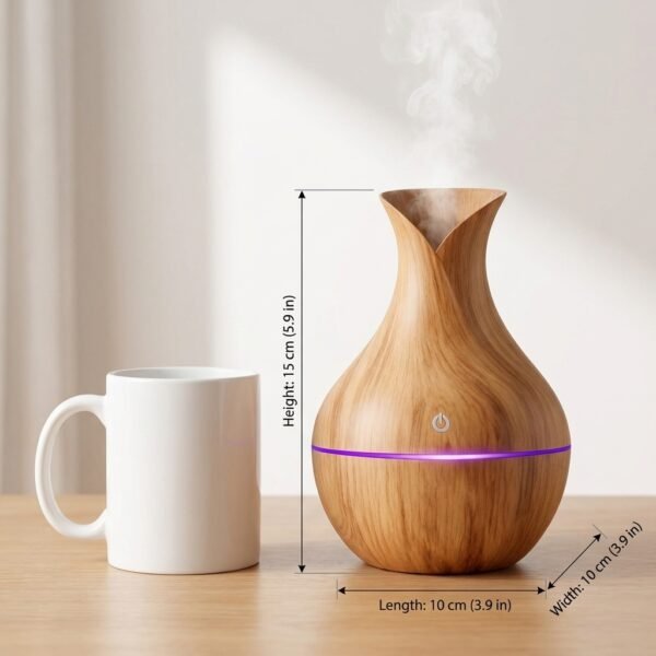 essential-oil-diffuser-size-dimensions-15cm Essential oil diffuser size comparison, 15cm tall next to a coffee mug
