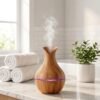 essential-oil-diffuser-spa-bathroom-relax Wood grain essential oil diffuser in a spa-style bathroom