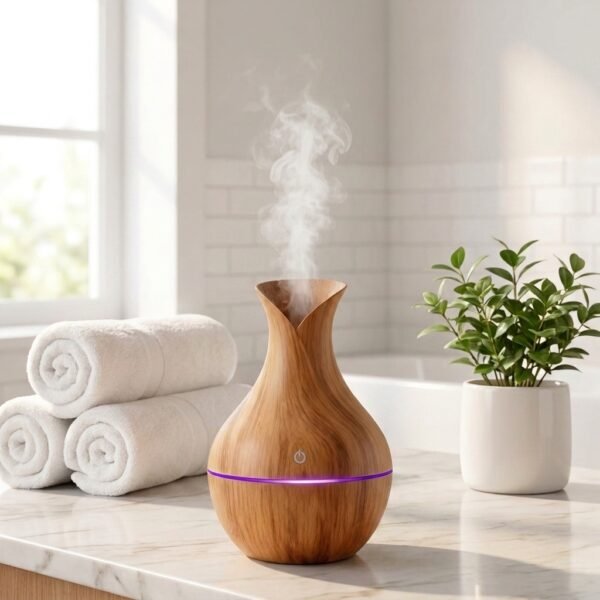 essential-oil-diffuser-spa-bathroom-relax Wood grain essential oil diffuser in a spa-style bathroom