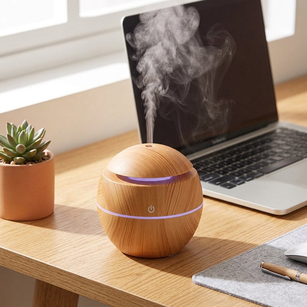 Home fragrance diffuser on a desk next to a laptop for a calm workspace