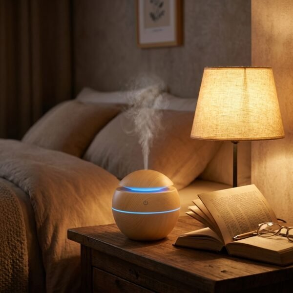 Home fragrance diffuser with mist on a nightstand at night