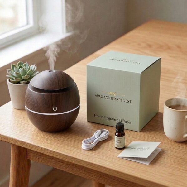 Aromatherapynest home fragrance diffuser unboxing in dark wood finish with calming oil blend