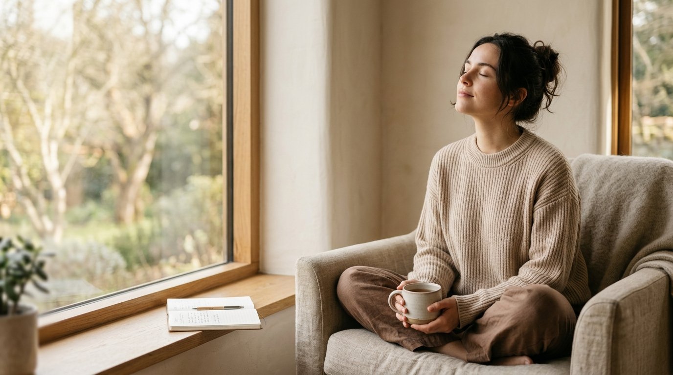 Person breathing calmly by a window, relieving everyday stress and anxiety
